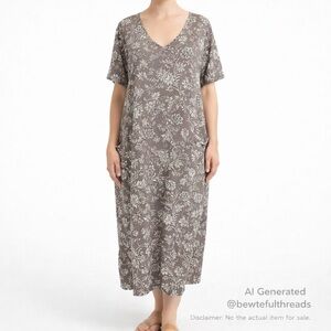 Pure Jill Easy Knit Two-Pocket Dress brownish gray cream Floral 100% Cotton XL